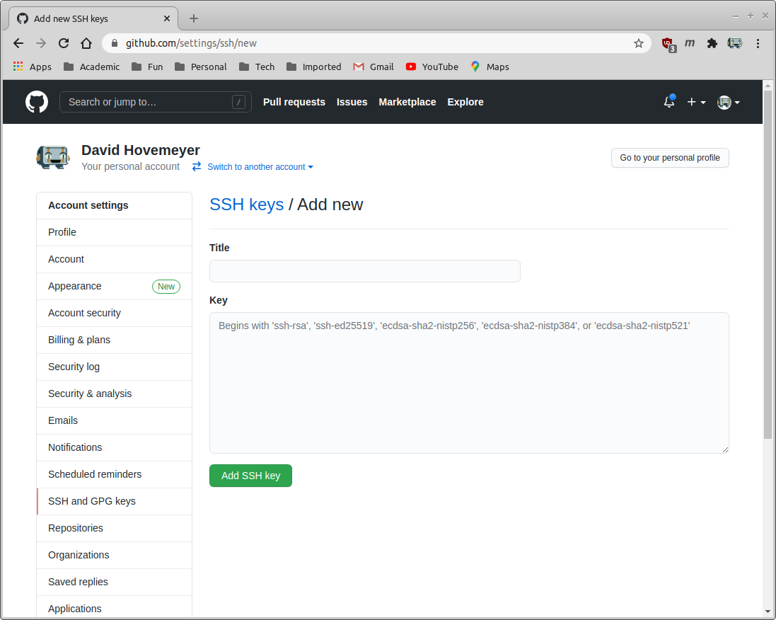 Github settings add ssh key page