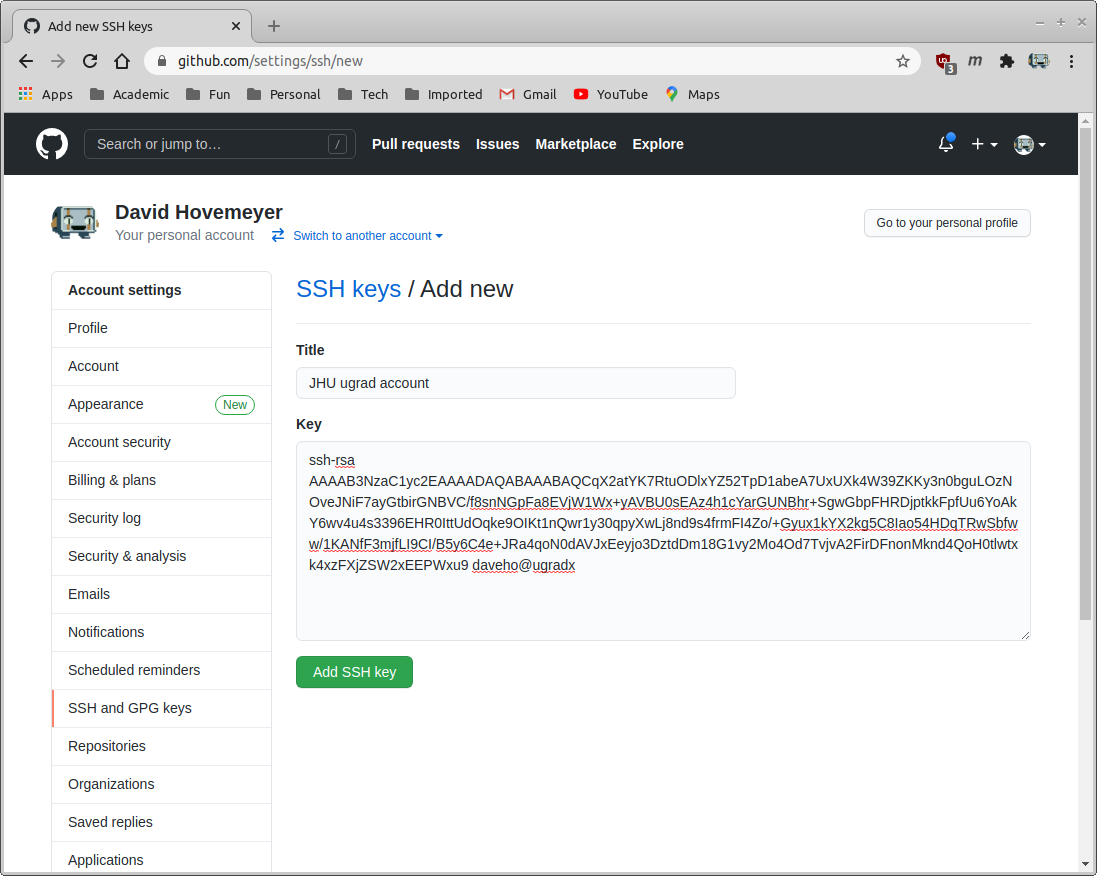 Github settings add ssh key page