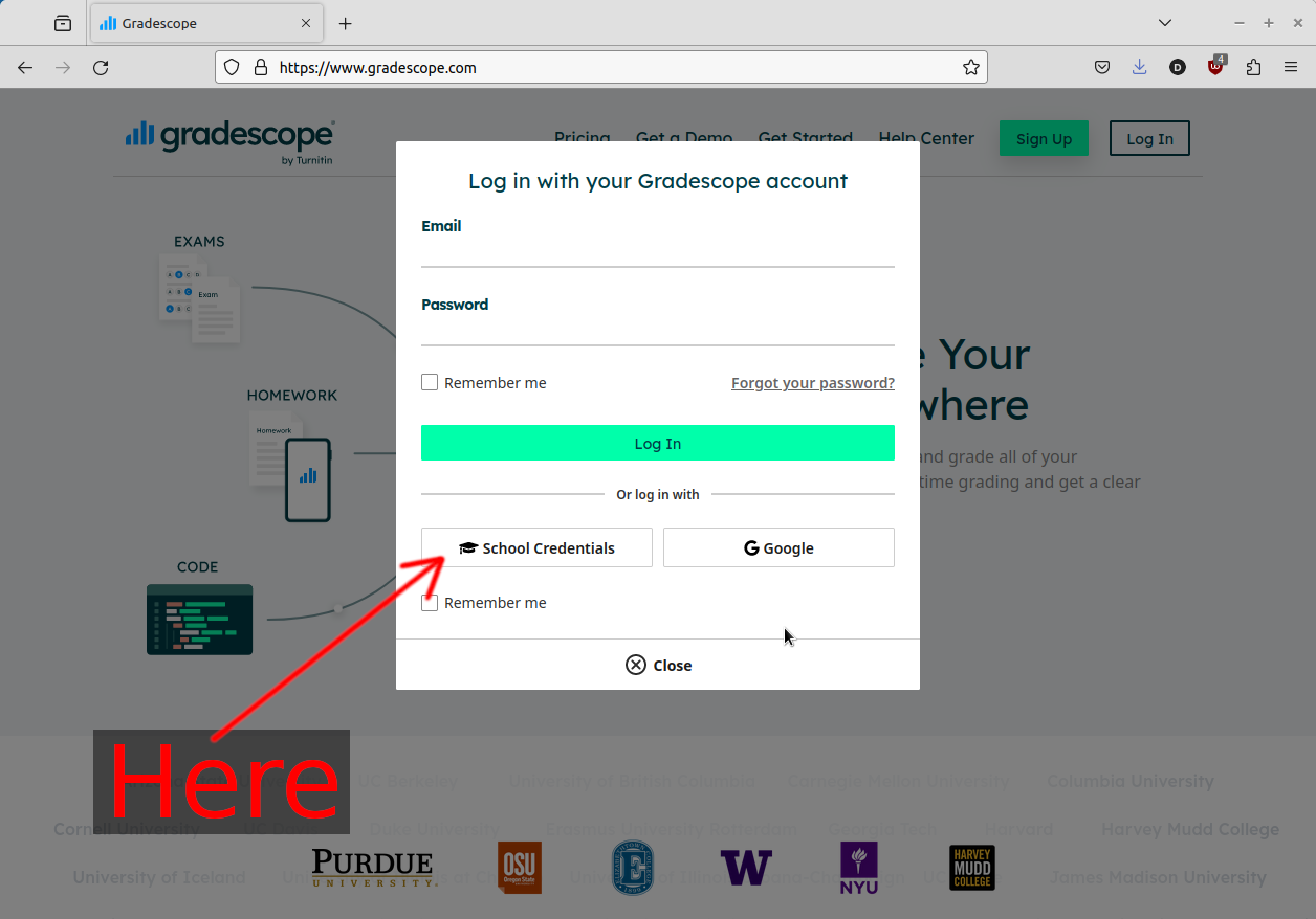 Gradescope login dialog, showing "School Credentials" option