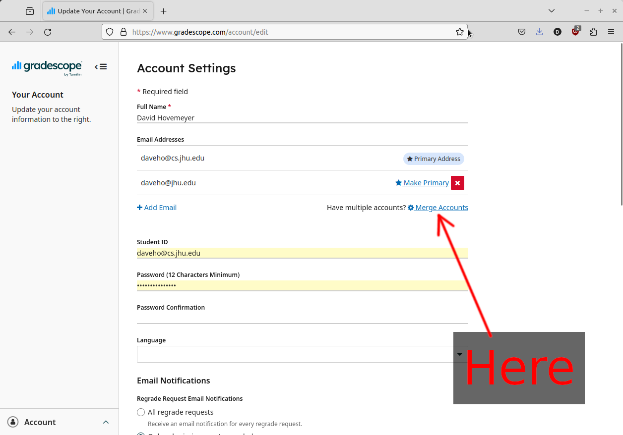 Gradescope edit account page, showing “Merge Accounts” link