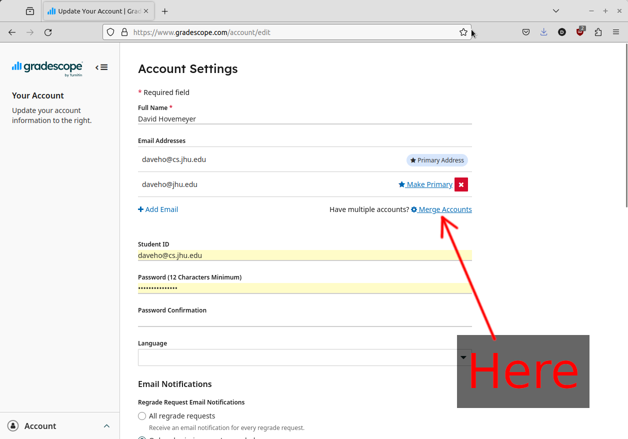 Gradescope edit account page, showing &ldquo;Merge Accounts&rdquo; link