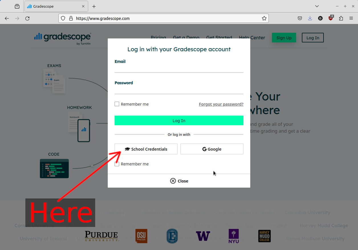 Gradescope login dialog, showing &ldquo;School Credentials&rdquo; option